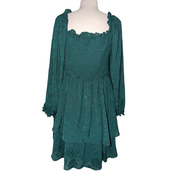 Arula Ellenie-P Green Floral Burnout Smocked Tiered Mini Dress Womens A 1X 14 G2 - Picture 7 of 9